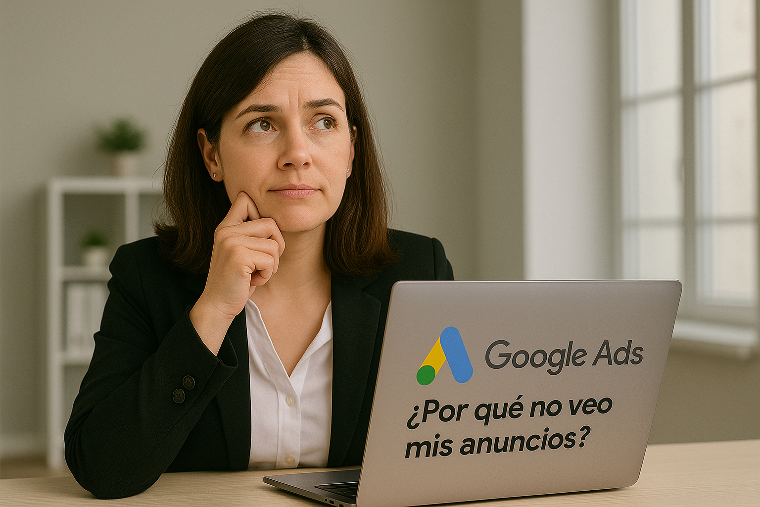 Mujer con expresión de duda frente a su laptop mientras se pregunta por qué no ve sus anuncios en Google.