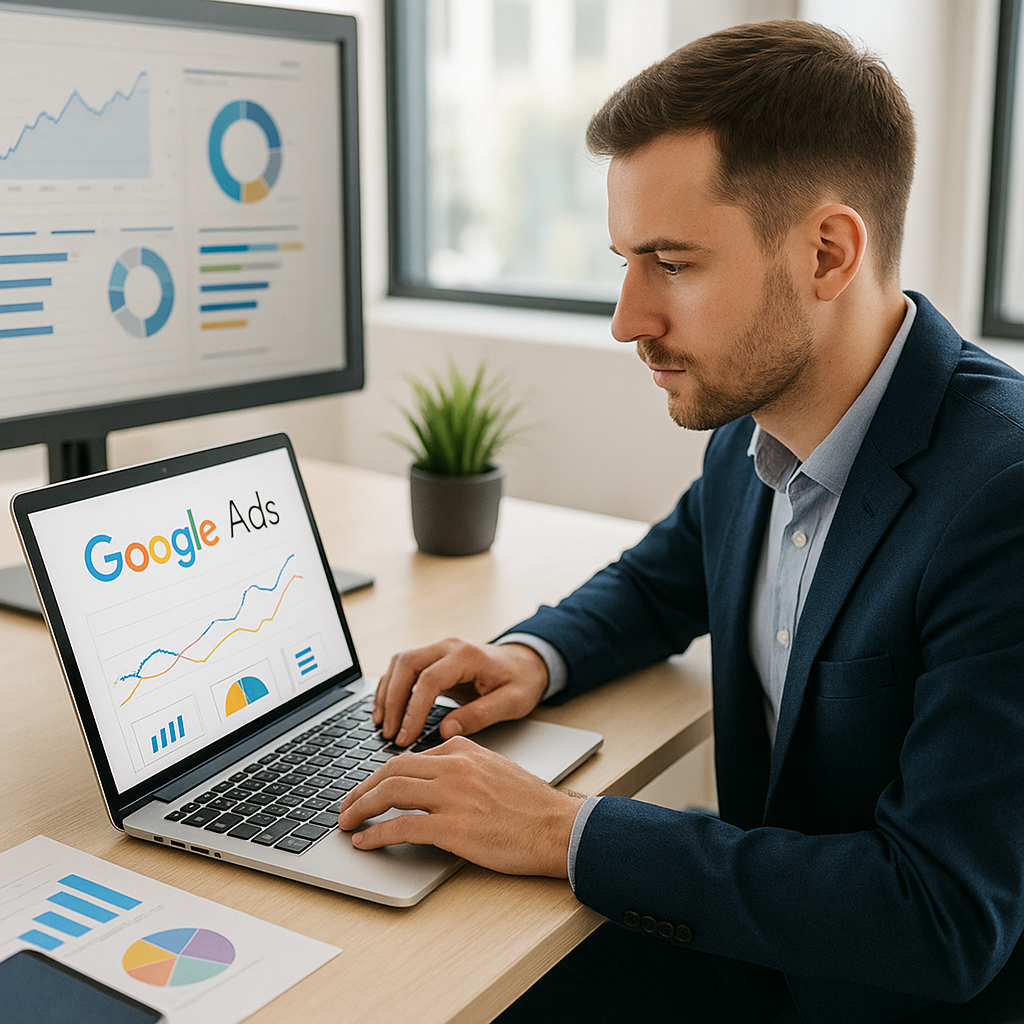 Profesional trabajando en campañas de Google Ads con gráficos de rendimiento en pantalla en una oficina moderna.